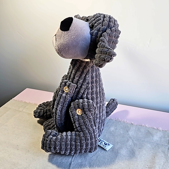 BEVERLY HILLS Teddy Bear Co. Plush Gray Toy Dog 12" Ribbed Doorstop Shelf Sitter - Picture 2 of 8